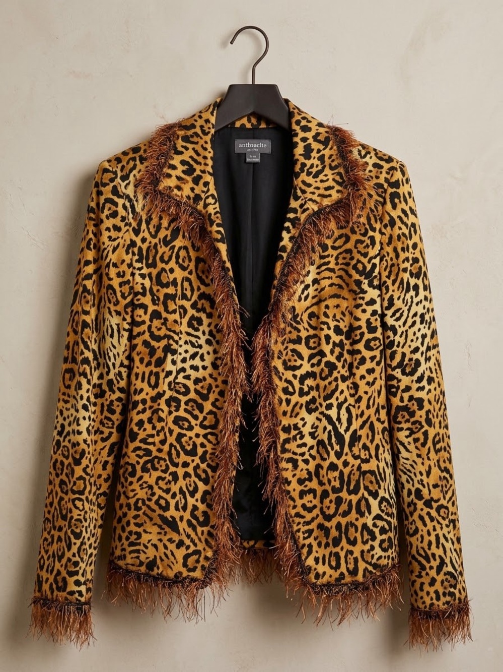 Anthracite Leopard-Print Feather-Trim Blazer in Gold/Black